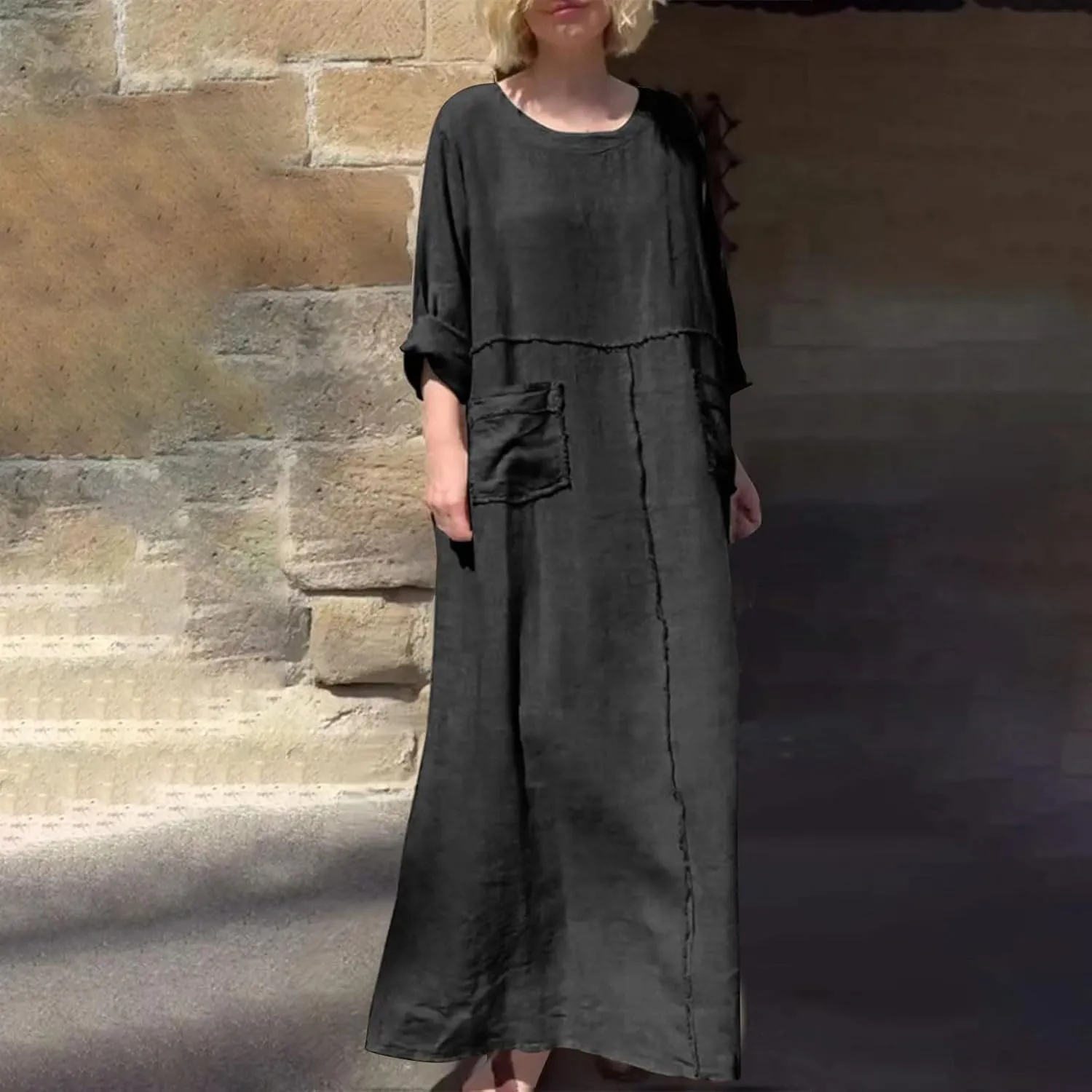 Linen Maxi Dress for Women Casual Crew Neck Long Sleeve Dresses Summer Breathable Loose Pleated Dress with Pockets