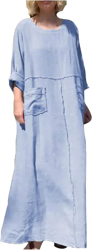 Linen Maxi Dress for Women Casual Crew Neck Long Sleeve Dresses Summer Breathable Loose Pleated Dress with Pockets