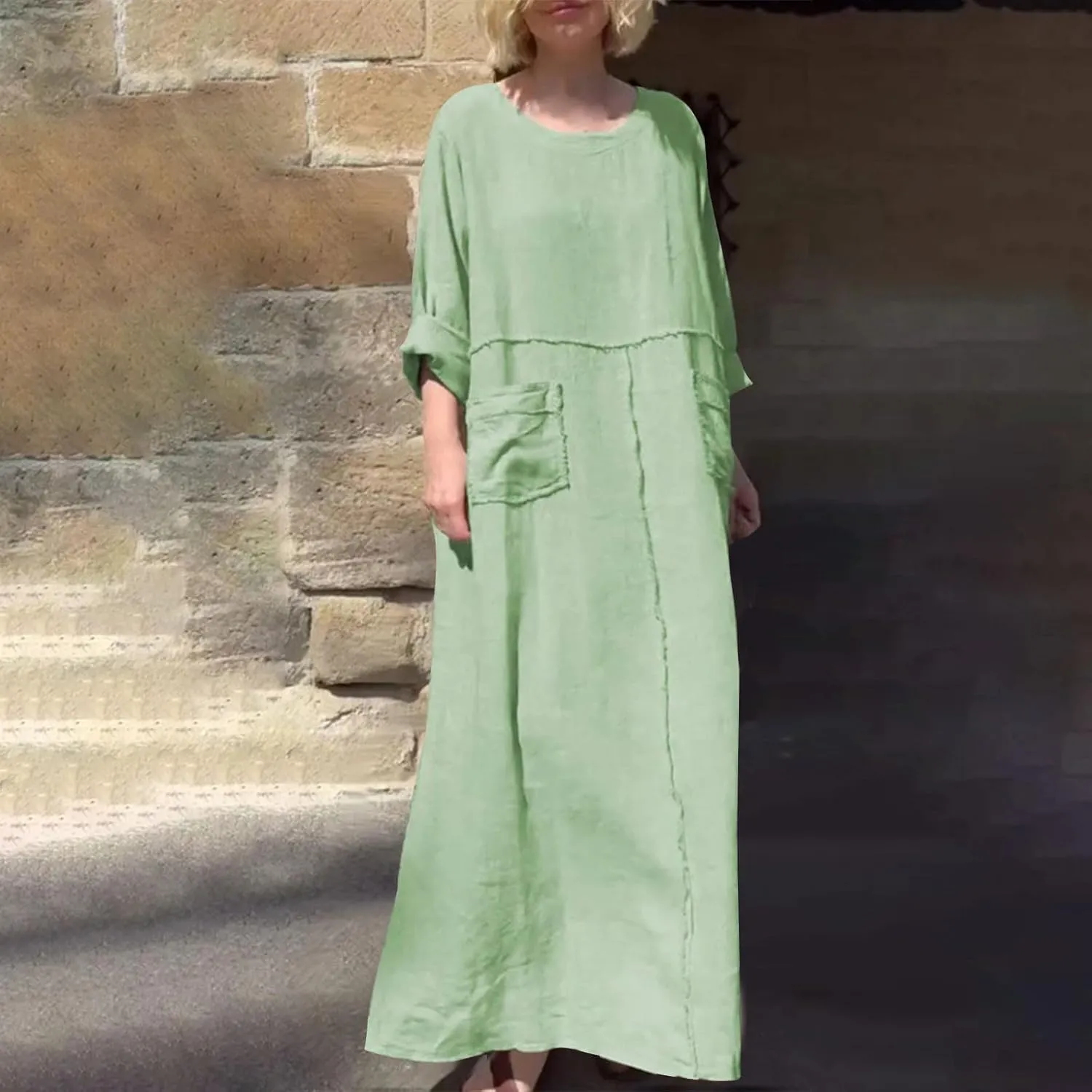 Linen Maxi Dress for Women Casual Crew Neck Long Sleeve Dresses Summer Breathable Loose Pleated Dress with Pockets