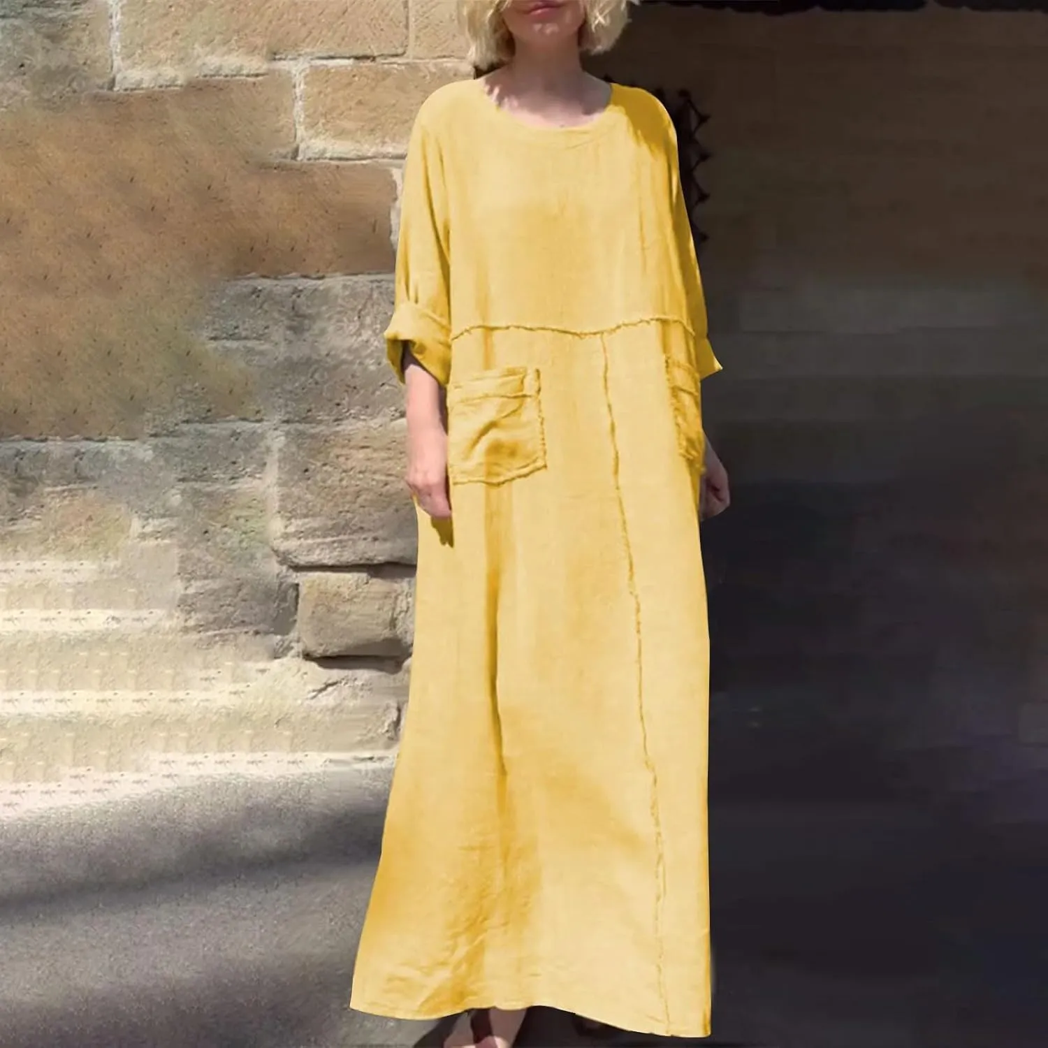 Linen Maxi Dress for Women Casual Crew Neck Long Sleeve Dresses Summer Breathable Loose Pleated Dress with Pockets