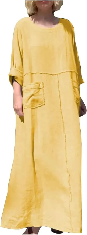 Linen Maxi Dress for Women Casual Crew Neck Long Sleeve Dresses Summer Breathable Loose Pleated Dress with Pockets