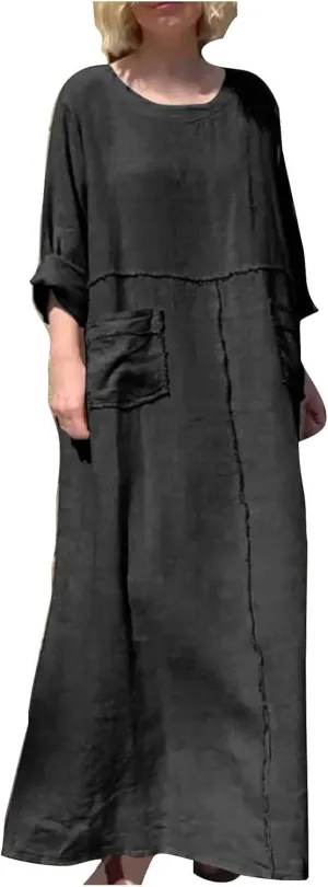 Linen Maxi Dress for Women Casual Crew Neck Long Sleeve Dresses Summer Breathable Loose Pleated Dress with Pockets