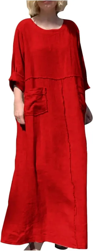 Linen Maxi Dress for Women Casual Crew Neck Long Sleeve Dresses Summer Breathable Loose Pleated Dress with Pockets