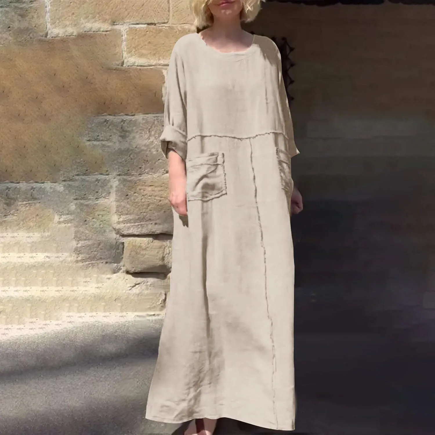 Linen Maxi Dress for Women Casual Crew Neck Long Sleeve Dresses Summer Breathable Loose Pleated Dress with Pockets