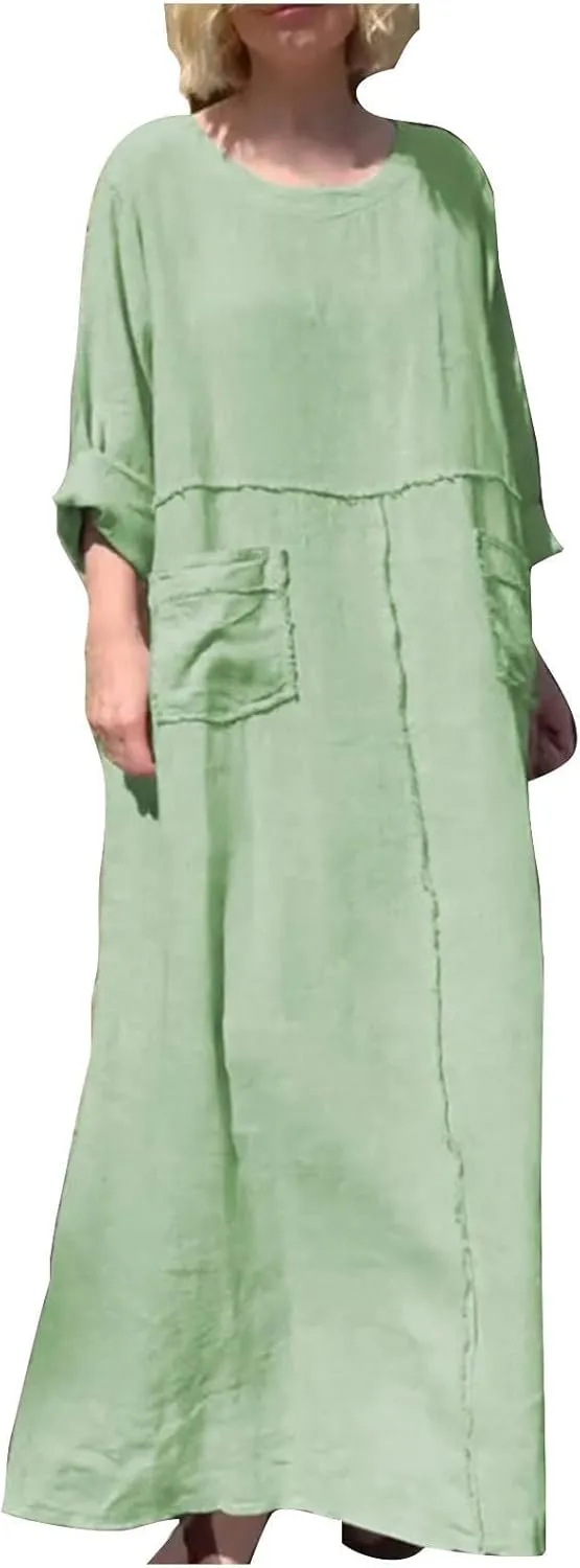 Linen Maxi Dress for Women Casual Crew Neck Long Sleeve Dresses Summer Breathable Loose Pleated Dress with Pockets