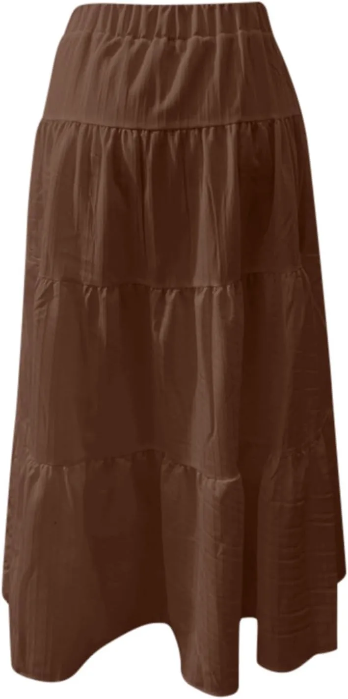 Linen Maxi Skirts for Women 2025 Summer Beach Vacation Drawstring Elastic Waisted Flowy Pleated Long Skirt