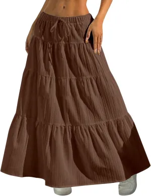 Linen Maxi Skirts for Women 2025 Summer Beach Vacation Drawstring Elastic Waisted Flowy Pleated Long Skirt