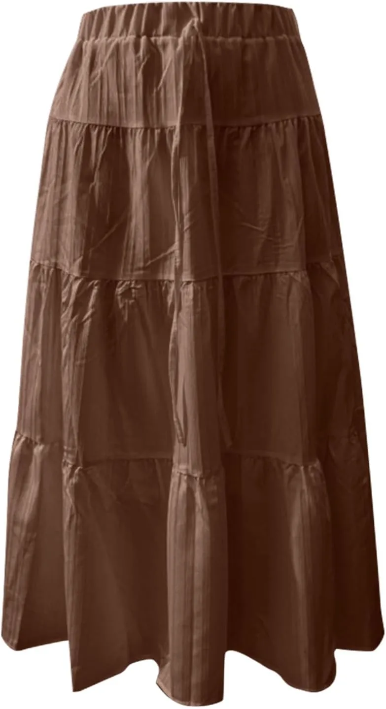 Linen Maxi Skirts for Women 2025 Summer Beach Vacation Drawstring Elastic Waisted Flowy Pleated Long Skirt
