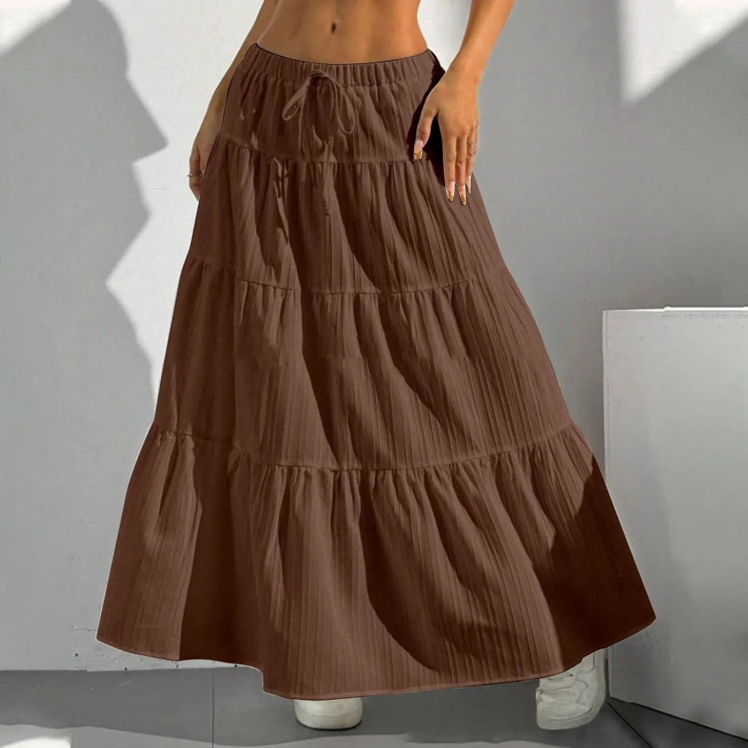 Linen Maxi Skirts for Women 2025 Summer Beach Vacation Drawstring Elastic Waisted Flowy Pleated Long Skirt