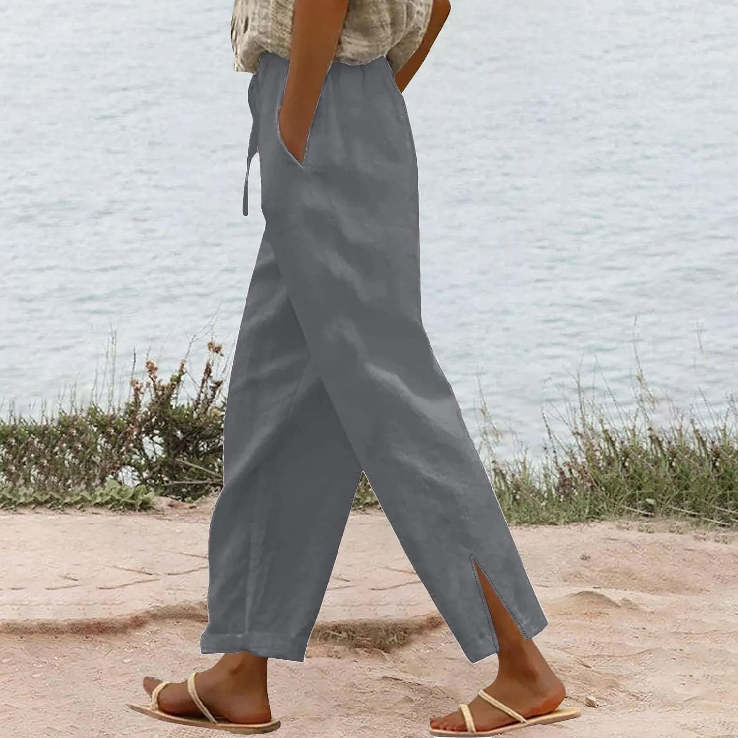 Linen Pants Women Split Hem Straight Leg Casual Summer Pant Drawstring Elastic Waist Beach Trousers with Pockets