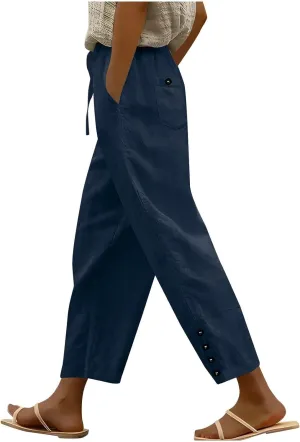 Linen Pants Women Split Hem Straight Leg Casual Summer Pant Drawstring Elastic Waist Beach Trousers with Pockets