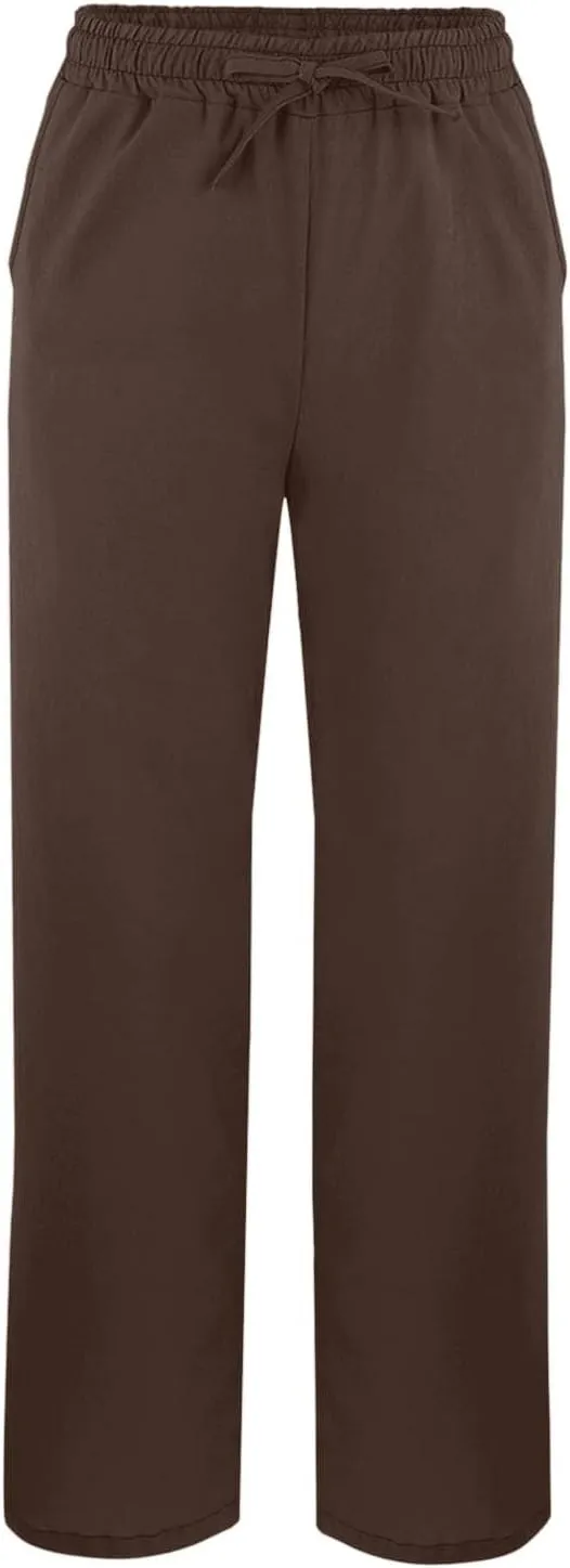 Linen Pants Women Split Hem Straight Leg Casual Summer Pant Drawstring Elastic Waist Beach Trousers with Pockets