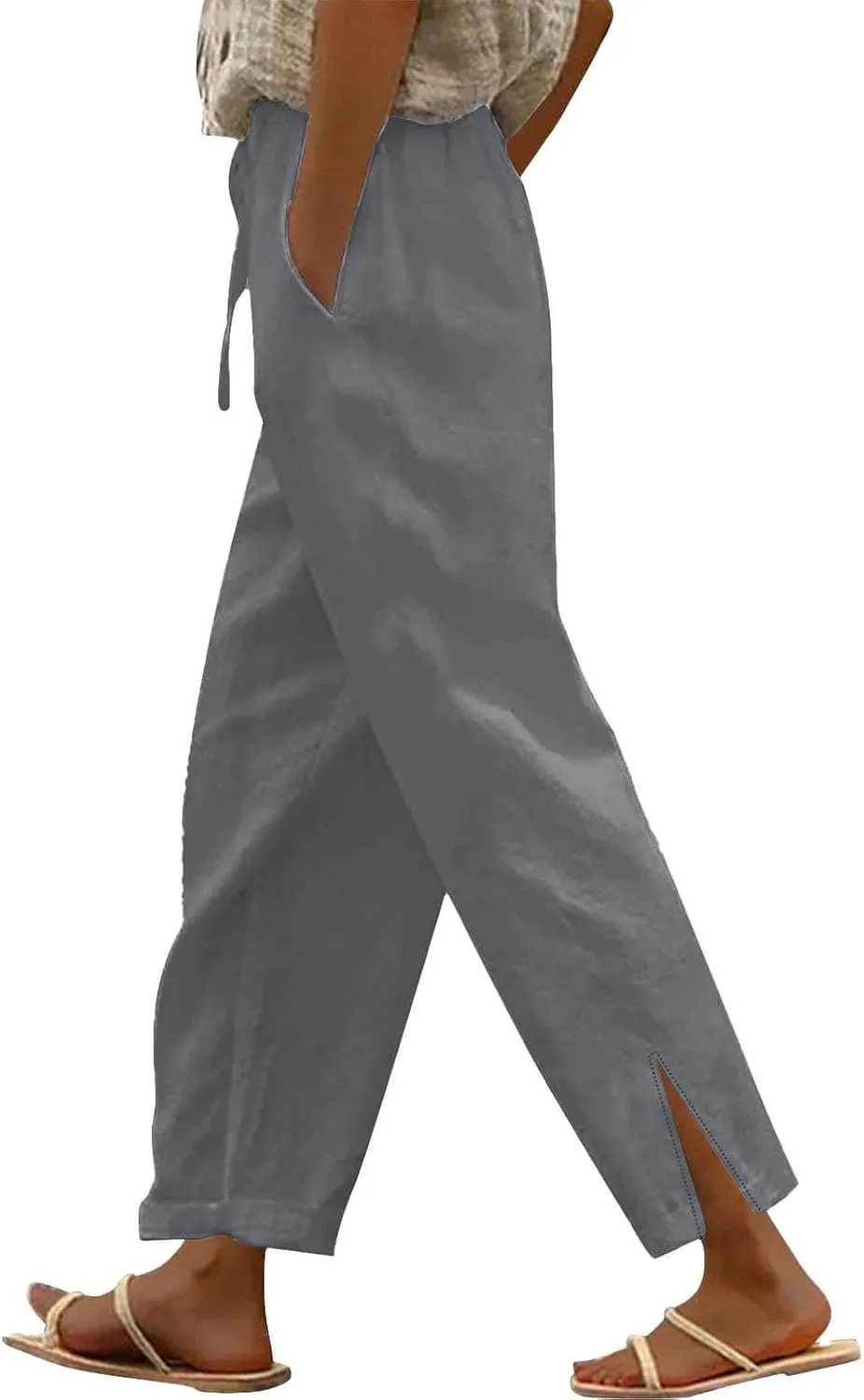 Linen Pants Women Split Hem Straight Leg Casual Summer Pant Drawstring Elastic Waist Beach Trousers with Pockets