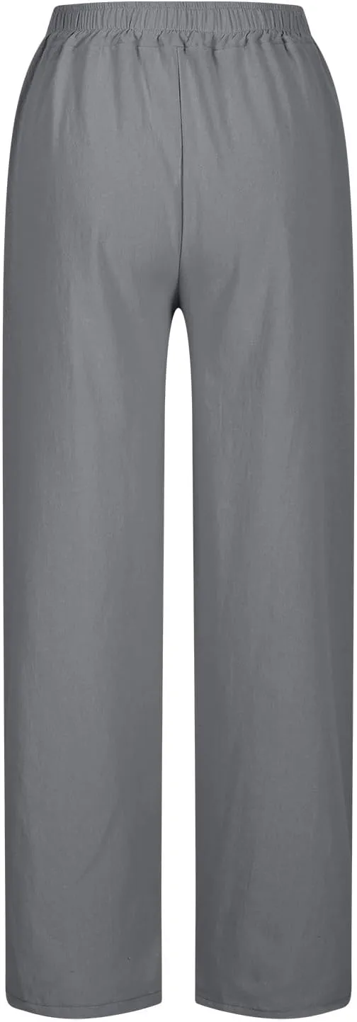 Linen Pants Women Split Hem Straight Leg Casual Summer Pant Drawstring Elastic Waist Beach Trousers with Pockets
