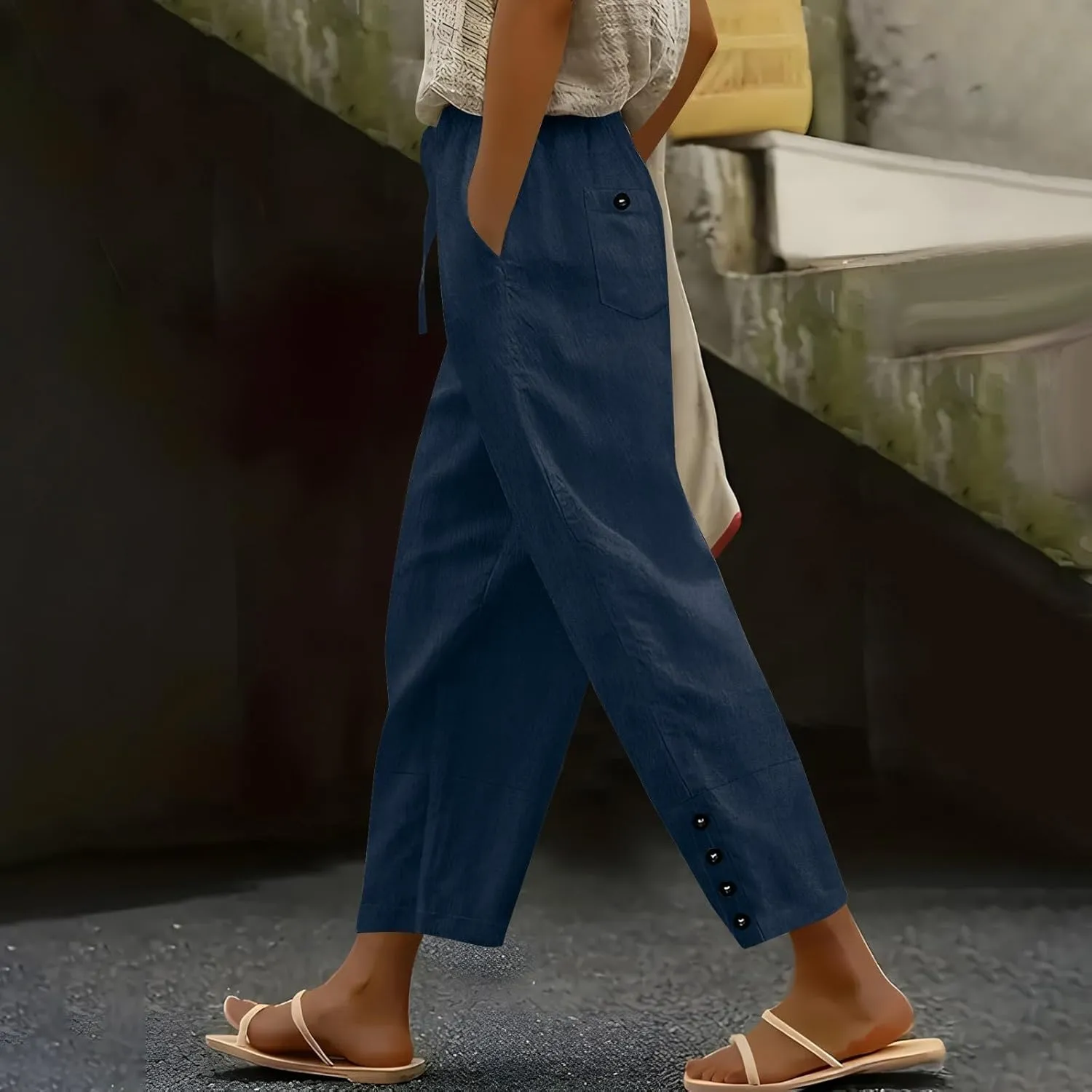 Linen Pants Women Split Hem Straight Leg Casual Summer Pant Drawstring Elastic Waist Beach Trousers with Pockets