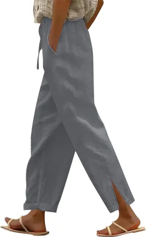 Linen Pants Women Split Hem Straight Leg Casual Summer Pant Drawstring Elastic Waist Beach Trousers with Pockets