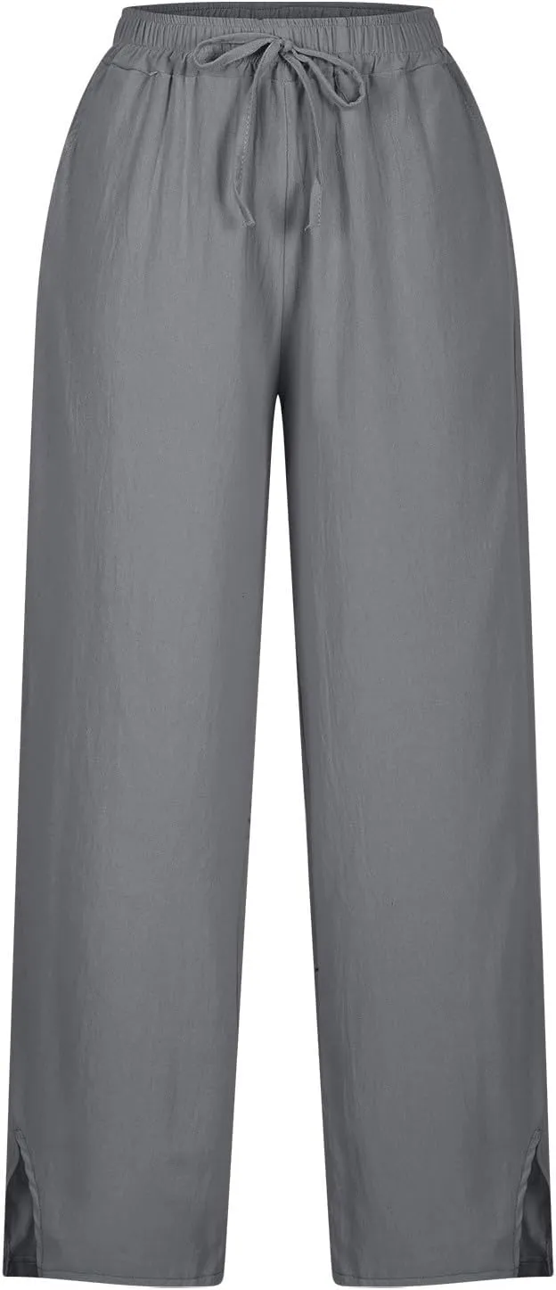Linen Pants Women Split Hem Straight Leg Casual Summer Pant Drawstring Elastic Waist Beach Trousers with Pockets