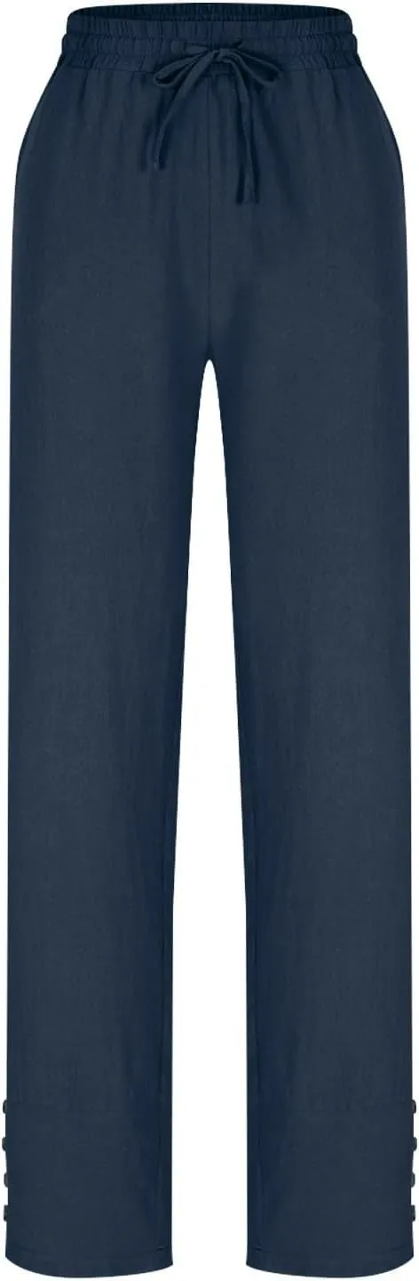 Linen Pants Women Split Hem Straight Leg Casual Summer Pant Drawstring Elastic Waist Beach Trousers with Pockets