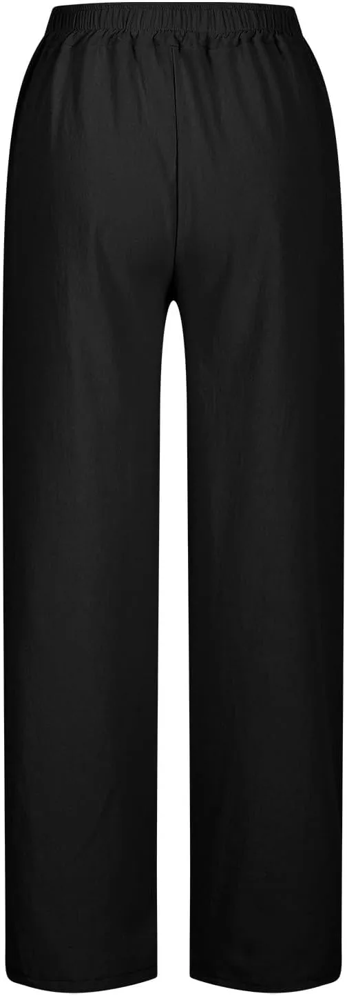 Linen Pants Women Split Hem Straight Leg Casual Summer Pant Drawstring Elastic Waist Beach Trousers with Pockets