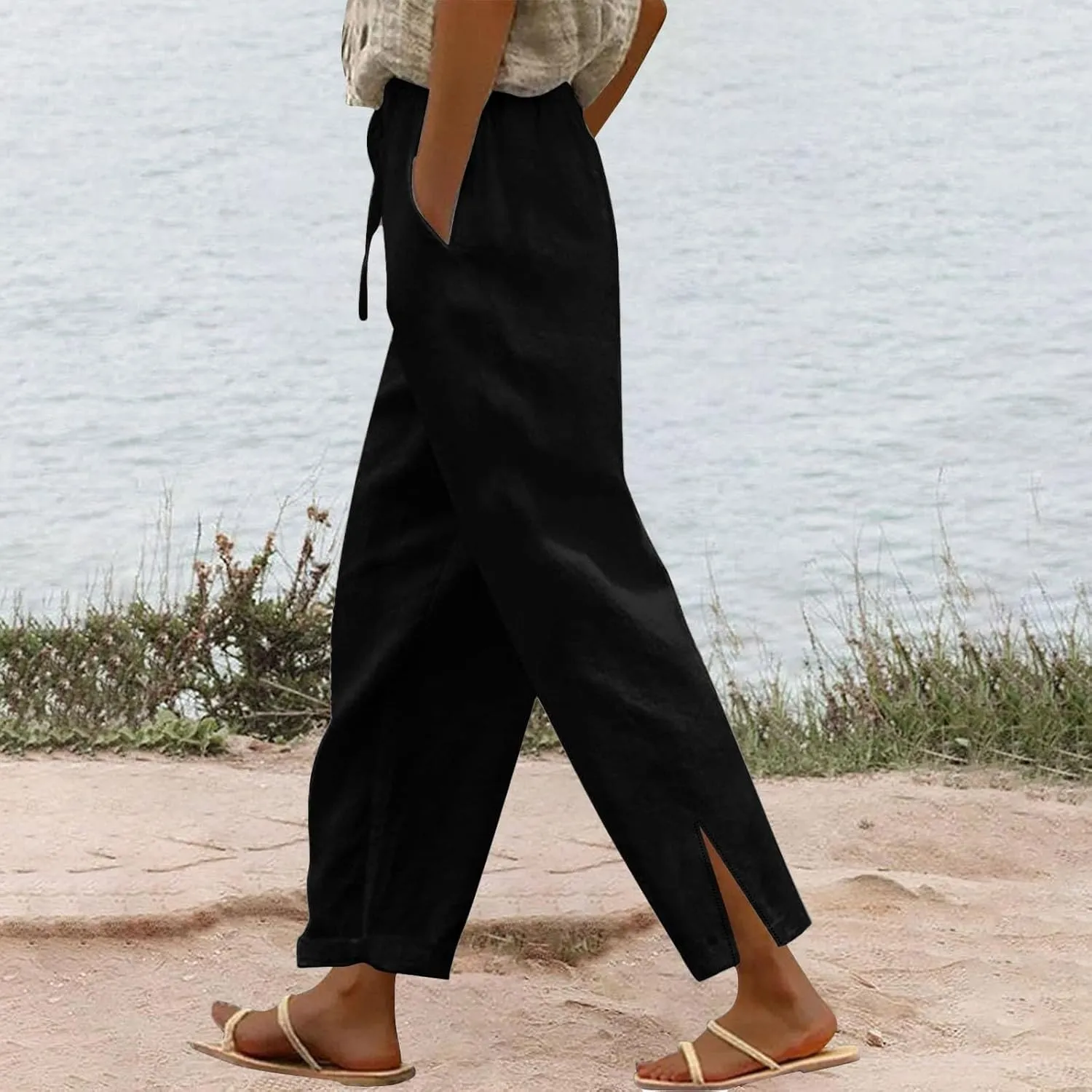 Linen Pants Women Split Hem Straight Leg Casual Summer Pant Drawstring Elastic Waist Beach Trousers with Pockets