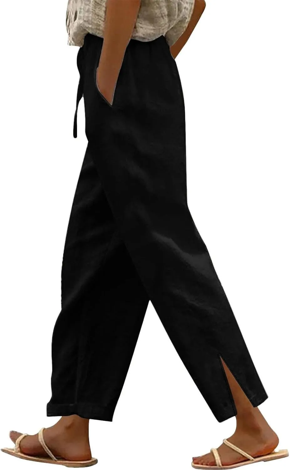Linen Pants Women Split Hem Straight Leg Casual Summer Pant Drawstring Elastic Waist Beach Trousers with Pockets
