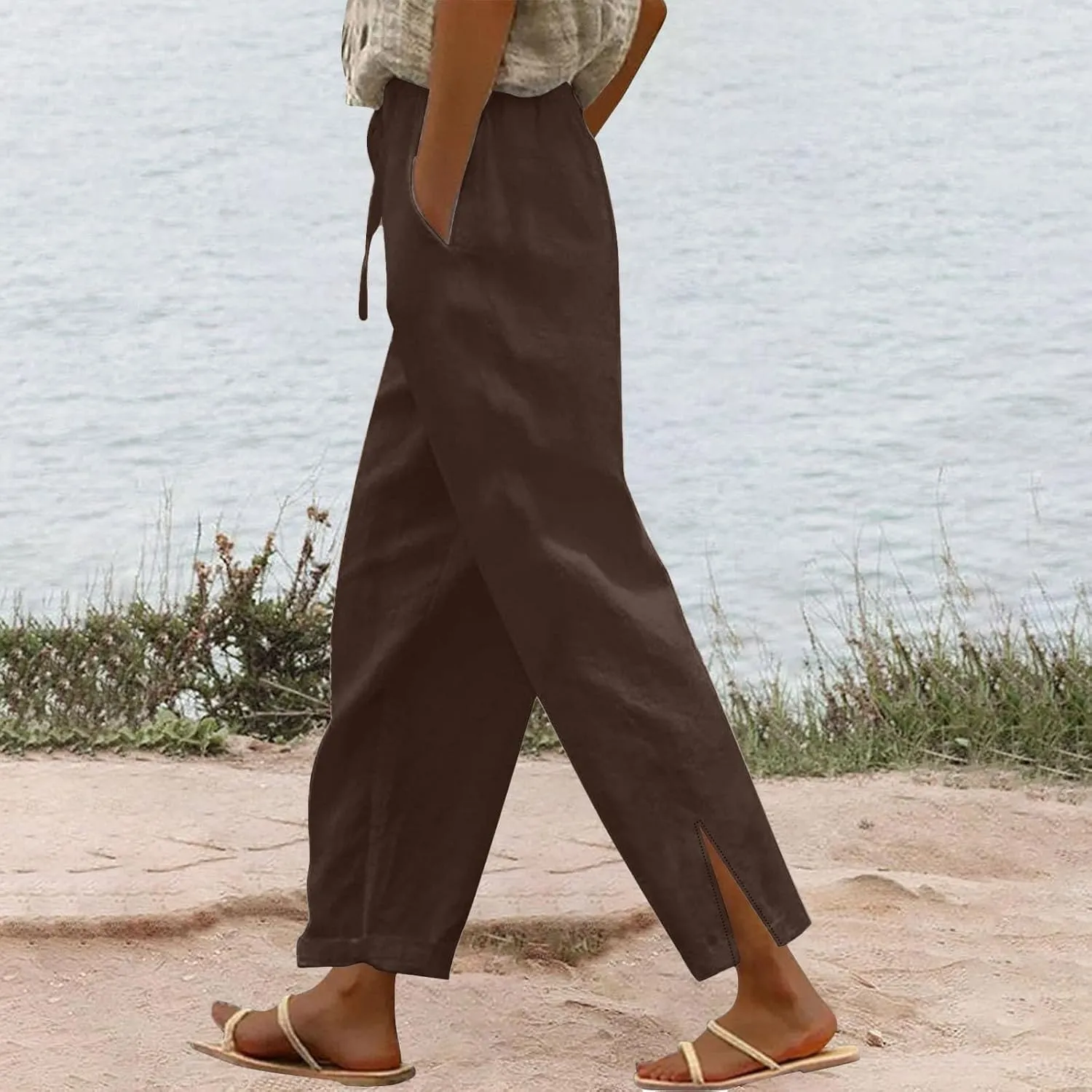 Linen Pants Women Split Hem Straight Leg Casual Summer Pant Drawstring Elastic Waist Beach Trousers with Pockets