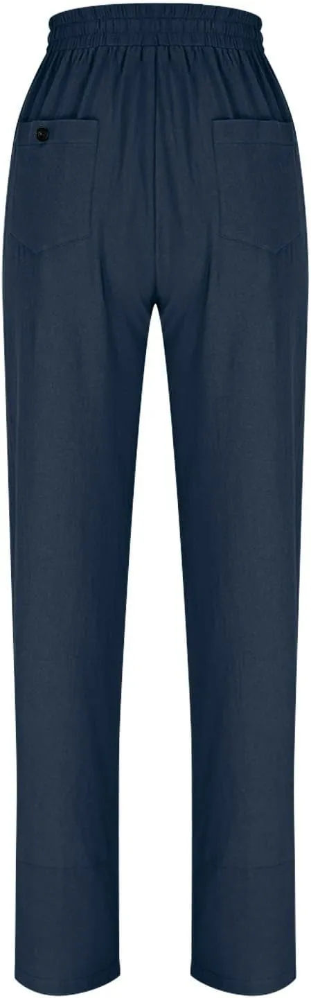 Linen Pants Women Split Hem Straight Leg Casual Summer Pant Drawstring Elastic Waist Beach Trousers with Pockets