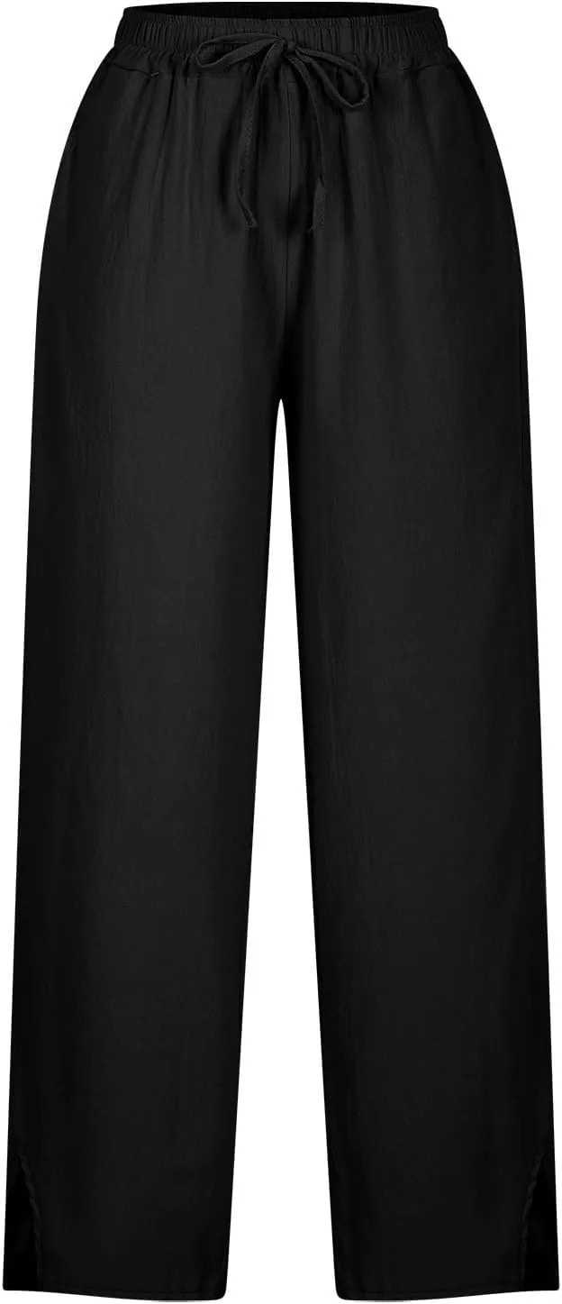 Linen Pants Women Split Hem Straight Leg Casual Summer Pant Drawstring Elastic Waist Beach Trousers with Pockets