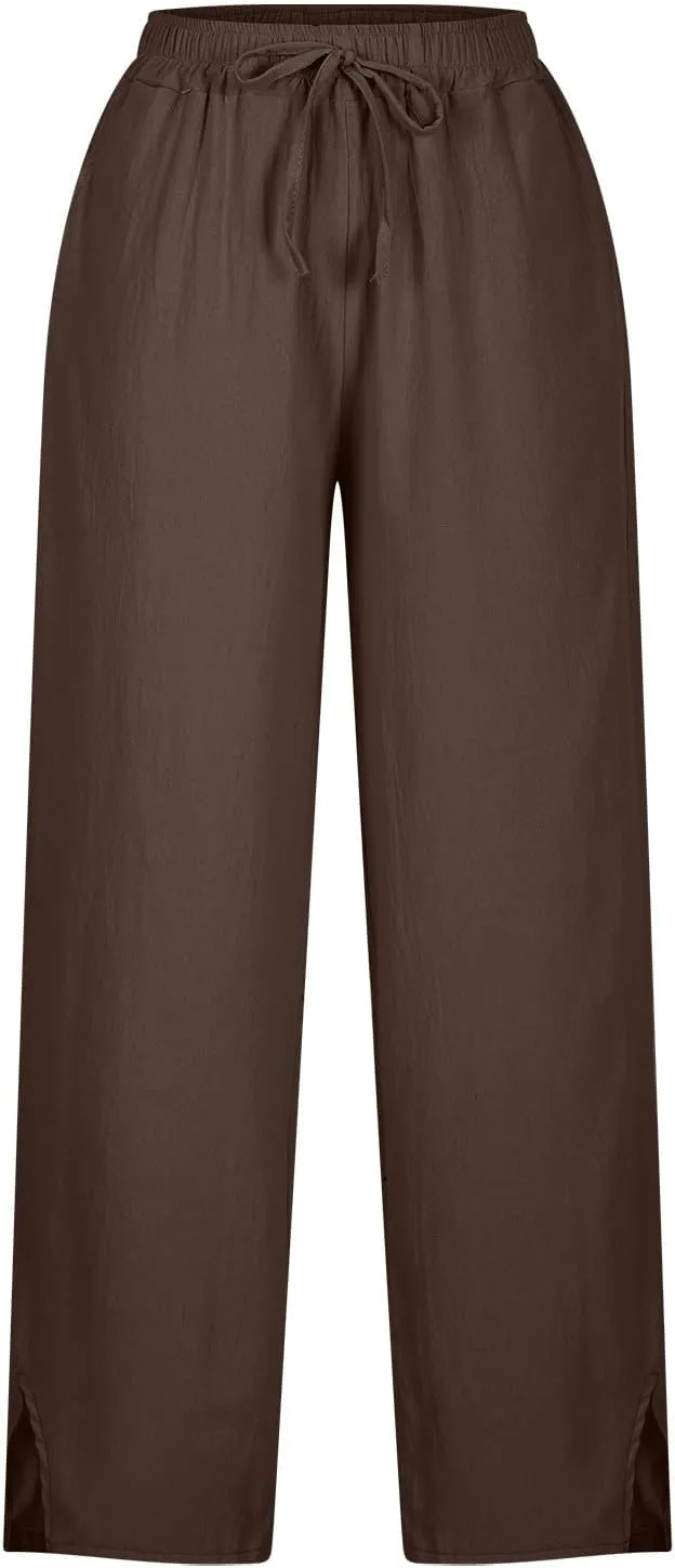 Linen Pants Women Split Hem Straight Leg Casual Summer Pant Drawstring Elastic Waist Beach Trousers with Pockets