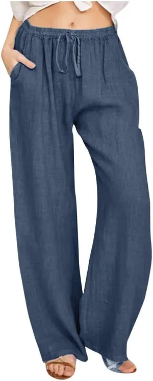 Linen Pants Women Summer High Waisted Pants Casual Wide Leg Pant Drawstring Elastic Waist Pant Flowy Beach Trousers