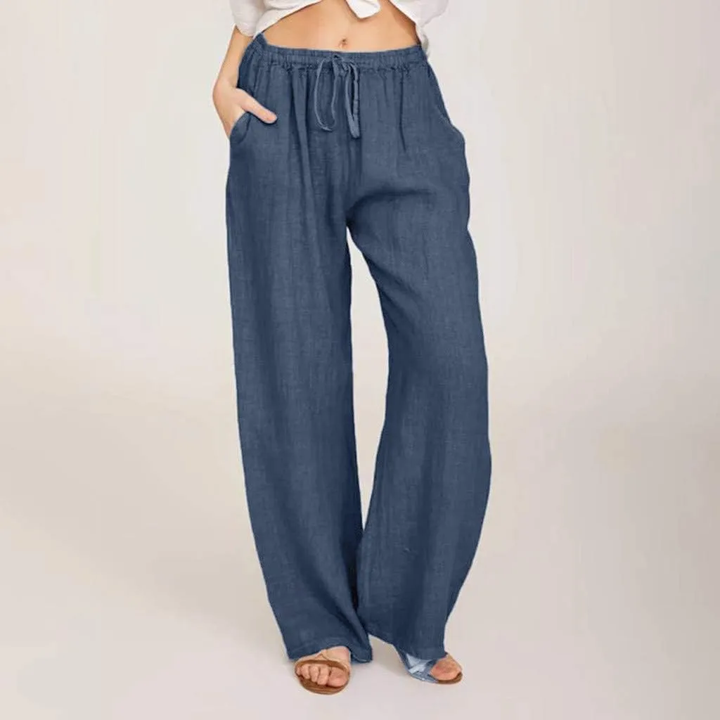Linen Pants Women Summer High Waisted Pants Casual Wide Leg Pant Drawstring Elastic Waist Pant Flowy Beach Trousers