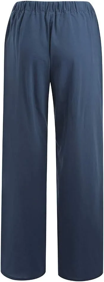 Linen Pants Women Summer High Waisted Pants Casual Wide Leg Pant Drawstring Elastic Waist Pant Flowy Beach Trousers