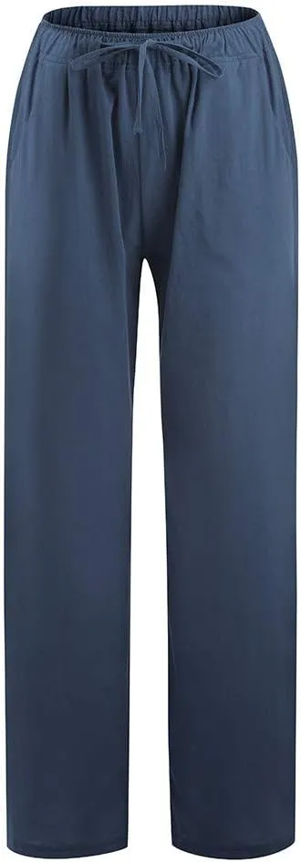 Linen Pants Women Summer High Waisted Pants Casual Wide Leg Pant Drawstring Elastic Waist Pant Flowy Beach Trousers