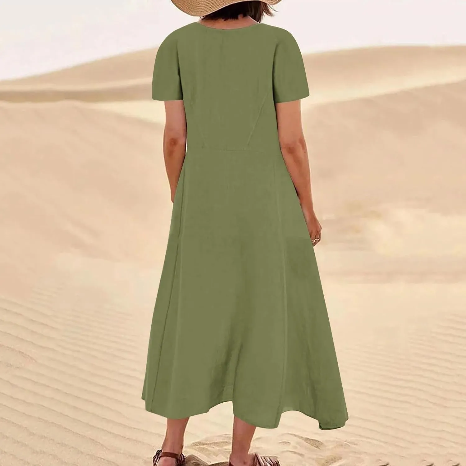 Linen Summer Dresses for Women Casual Crewneck Short Sleeve Maxi Sumdresses with Pockets Soft Boho Summer Outfits