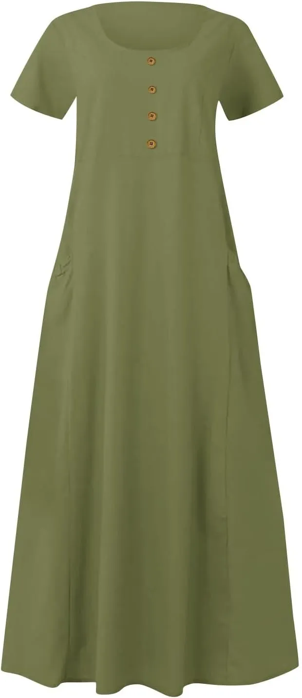 Linen Summer Dresses for Women Casual Crewneck Short Sleeve Maxi Sumdresses with Pockets Soft Boho Summer Outfits