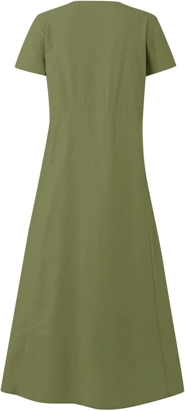 Linen Summer Dresses for Women Casual Crewneck Short Sleeve Maxi Sumdresses with Pockets Soft Boho Summer Outfits