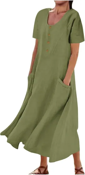 Linen Summer Dresses for Women Casual Crewneck Short Sleeve Maxi Sumdresses with Pockets Soft Boho Summer Outfits