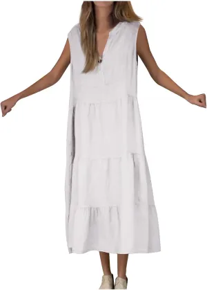 Linen Summer Dresses for Women Loose Fit Sleeveless Sundresses Basic Botton Down V Neck Cotton Maxi Clothes