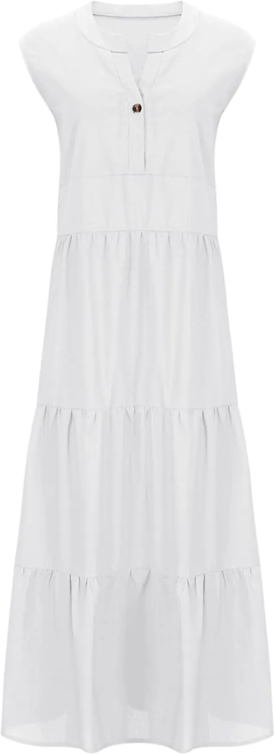 Linen Summer Dresses for Women Loose Fit Sleeveless Sundresses Basic Botton Down V Neck Cotton Maxi Clothes