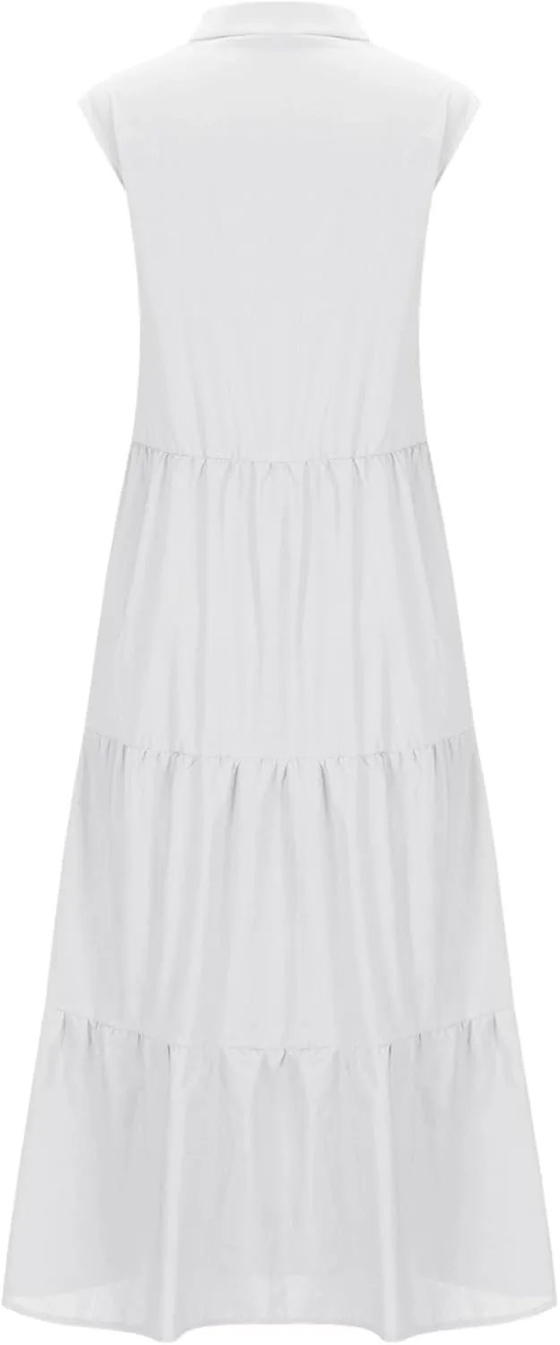 Linen Summer Dresses for Women Loose Fit Sleeveless Sundresses Basic Botton Down V Neck Cotton Maxi Clothes