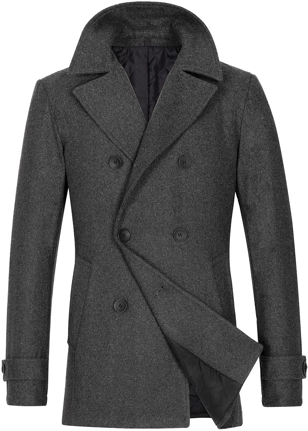 Lisskolo Men's Wool Blend Double Breasted Pea Coat Classic Notched Collar Warm Woolen Coats Winter Outwear Jackets