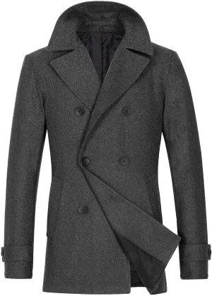 Lisskolo Men's Wool Blend Double Breasted Pea Coat Classic Notched Collar Warm Woolen Coats Winter Outwear Jackets