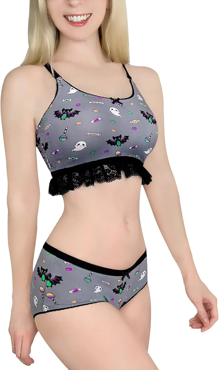 Littleforbig Lacy Trim Women Nightwear Strap Sleepwear Cami Top Shorts Lingerie bralette loungewear Set - Sugar Bat