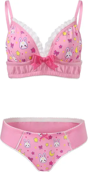 Littleforbig Lacy Trim Women Nightwear Strap Sleepwear Cami Top Shorts Lingerie loungewear - Usagi Moon Fancy Bralette Set
