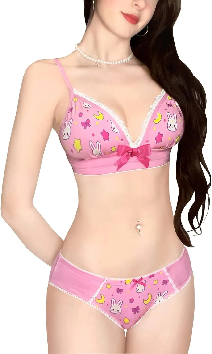 Littleforbig Lacy Trim Women Nightwear Strap Sleepwear Cami Top Shorts Lingerie loungewear - Usagi Moon Fancy Bralette Set