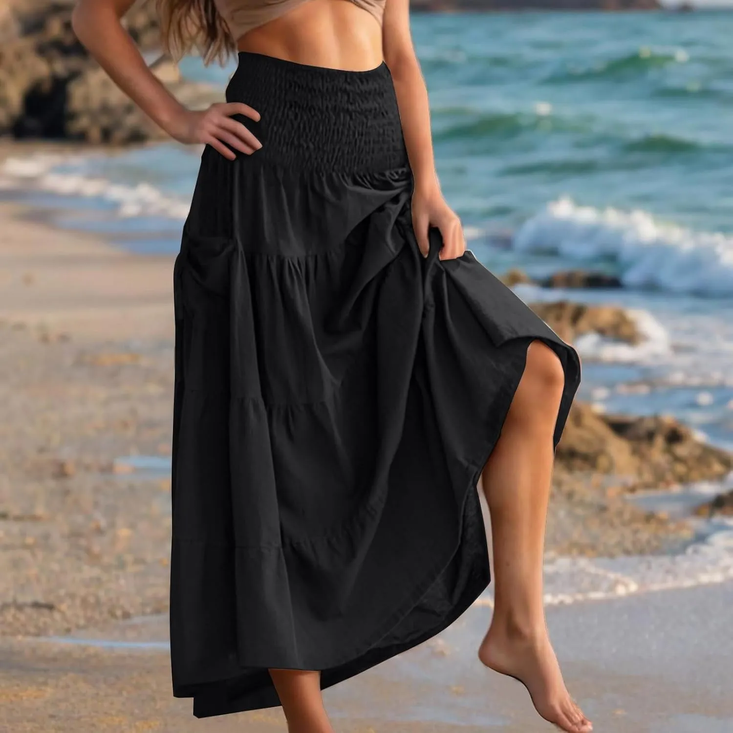 Lmdudan Women's Maxi Skirts Bohemia Tiered A-Line Skirt Smocked Elastic Waist Ankle Length Flowy Skirts Vacation Clothes