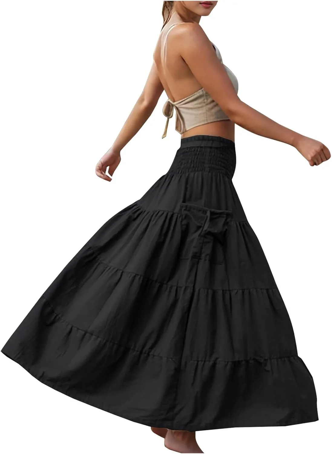 Lmdudan Women's Maxi Skirts Bohemia Tiered A-Line Skirt Smocked Elastic Waist Ankle Length Flowy Skirts Vacation Clothes