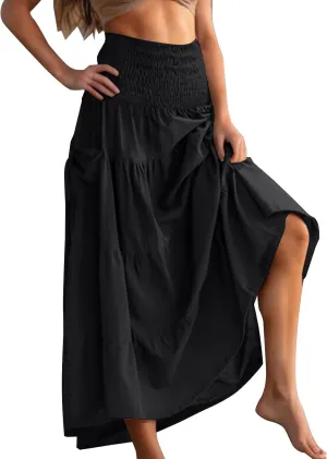 Lmdudan Women's Maxi Skirts Bohemia Tiered A-Line Skirt Smocked Elastic Waist Ankle Length Flowy Skirts Vacation Clothes