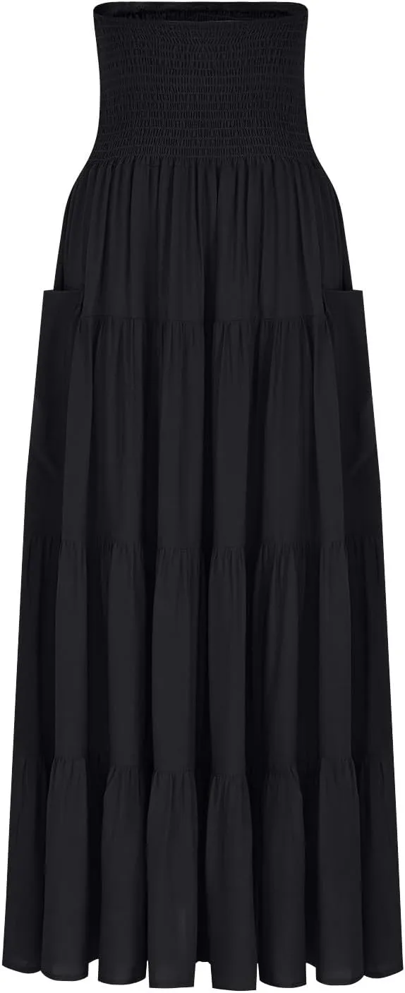 Lmdudan Women's Maxi Skirts Bohemia Tiered A-Line Skirt Smocked Elastic Waist Ankle Length Flowy Skirts Vacation Clothes