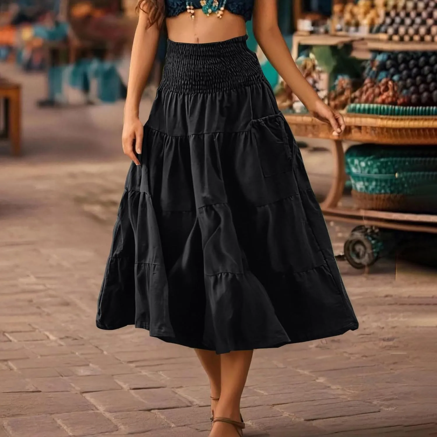 Lmdudan Women's Maxi Skirts Bohemia Tiered A-Line Skirt Smocked Elastic Waist Ankle Length Flowy Skirts Vacation Clothes